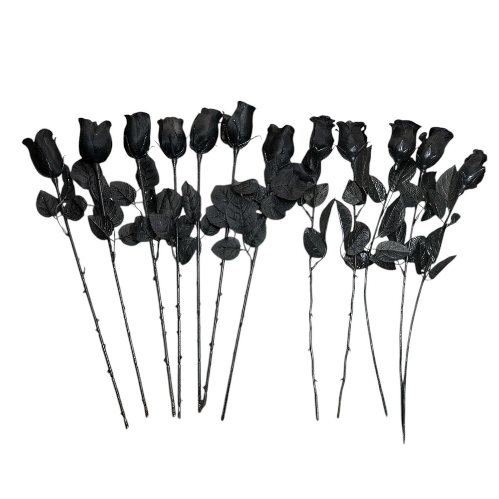 12 Artificial Black Rose Buds Long Stem Flowers - 7 with Purple Accent + 5 Solid